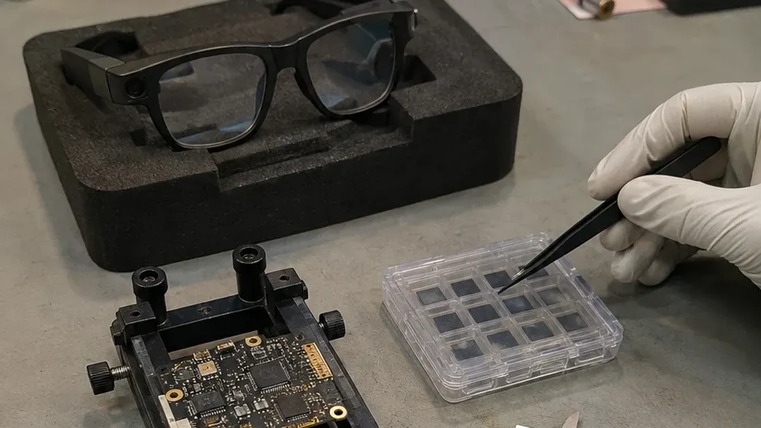 AI-generated illustration of smart glasses, a circuit board and a gloved hand selecting a chip from a tray