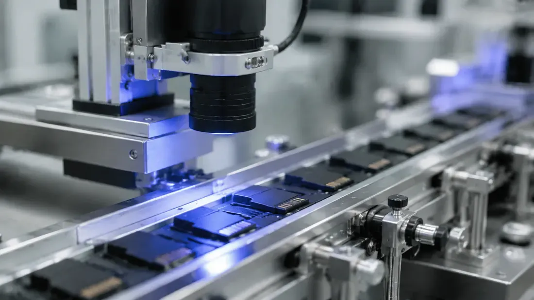 Inspection camera above small electronic components moving along a conveyor