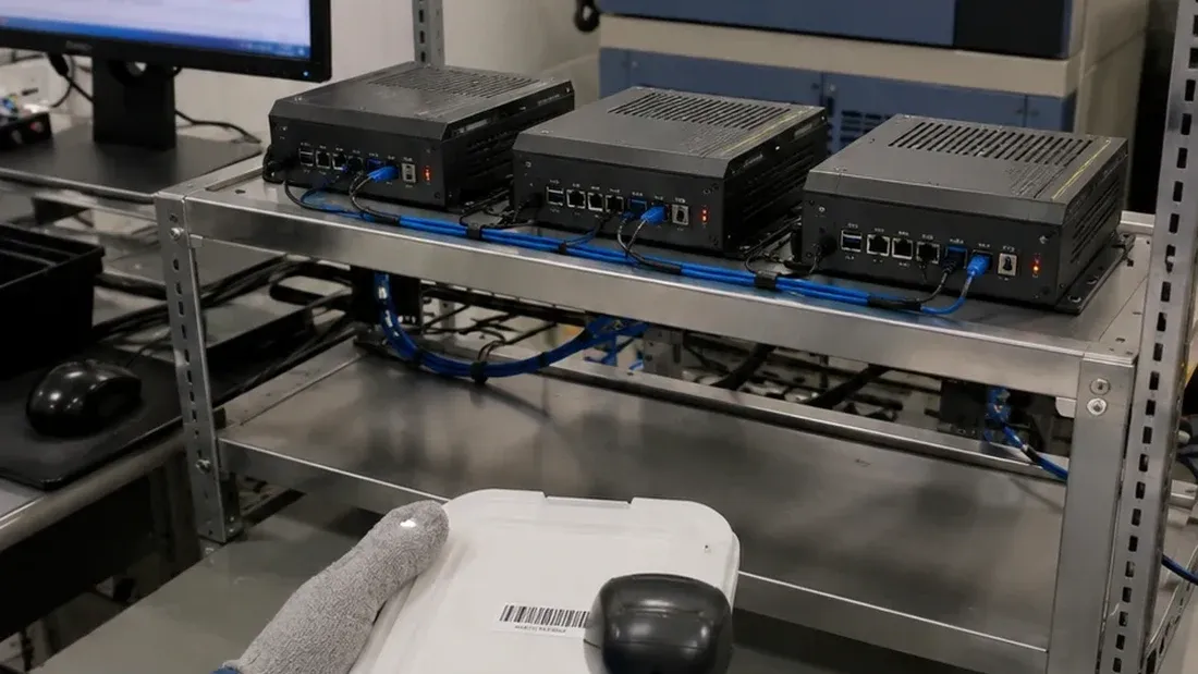 AI-generated illustration of three connected edge computers on a workbench with a handheld scanner in front
