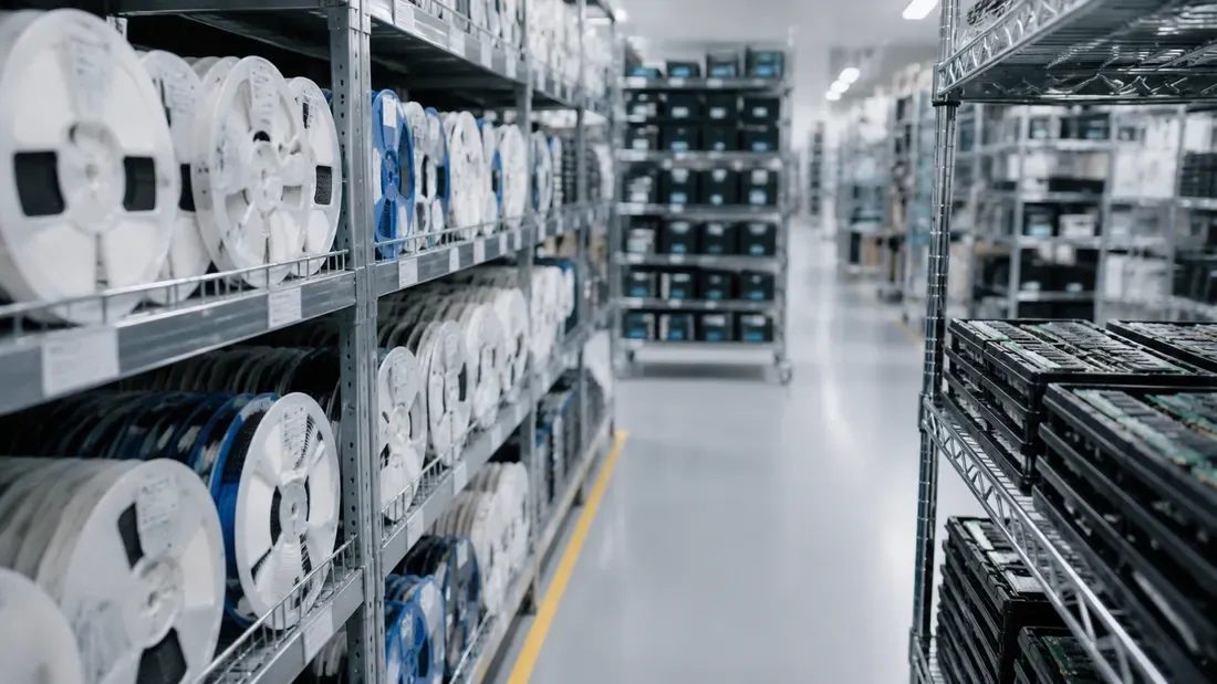 Component reels on shelves beside trays of electronic parts in a production aisle