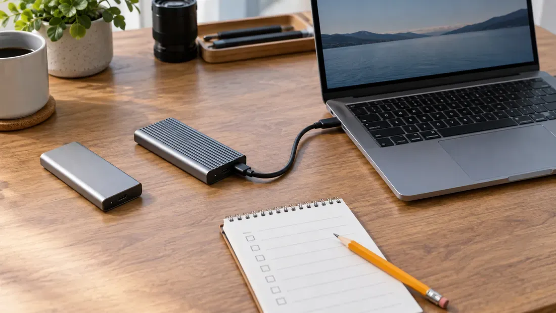 One USB-C enclosure connected to a laptop; a second enclosure remains unplugged beside a checklist