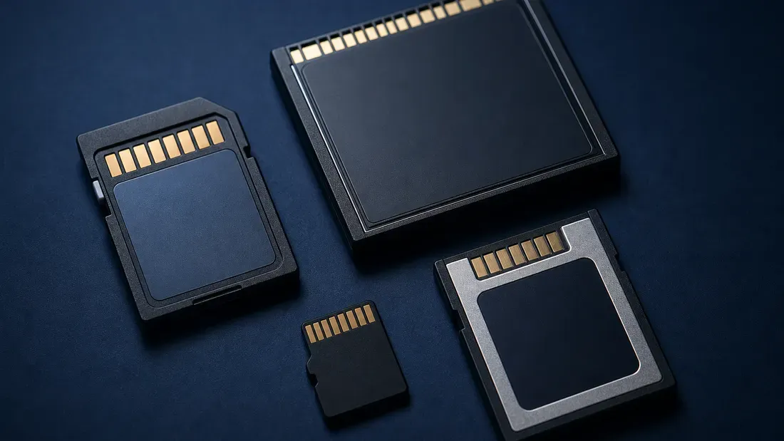 SD, microSD, CompactFlash and CFexpress memory cards arranged on a dark surface