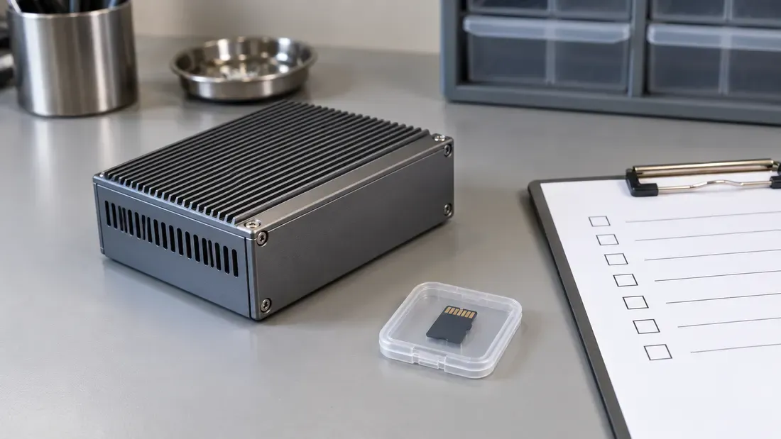 Closed single board computer beside a microSD card in a protective case