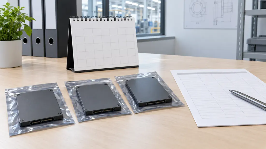 Enclosed SSD samples beside a blank calendar and procurement sheet