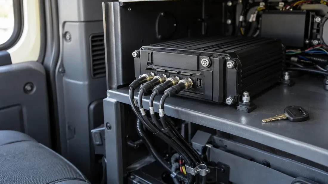 Mobile DVR fixed in an equipment bay with routed camera cables