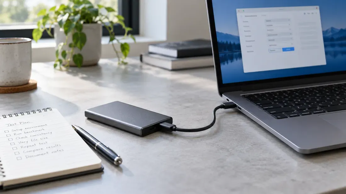 External SSD connected to a laptop during a benchmark setup
