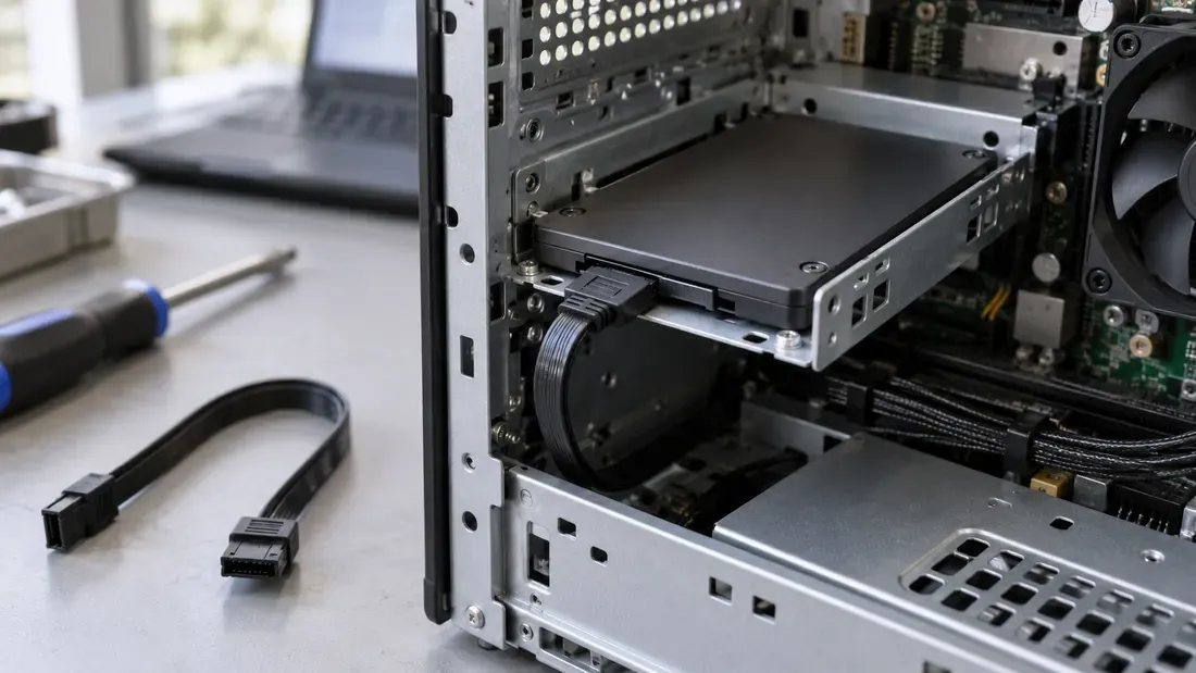 SSD mounted in a computer drive bay with a separate SATA cable nearby