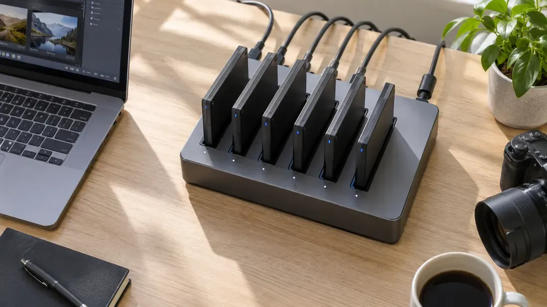 Multiple USB drives connected to a copying station beside a laptop