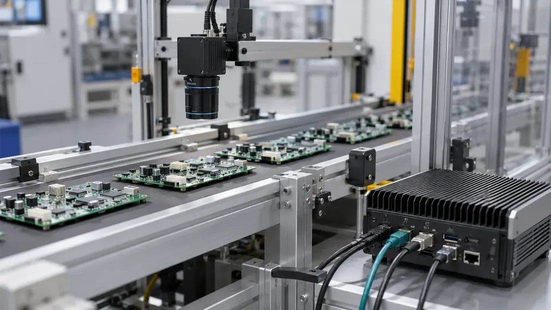 Machine vision camera above a conveyor with an edge computer nearby