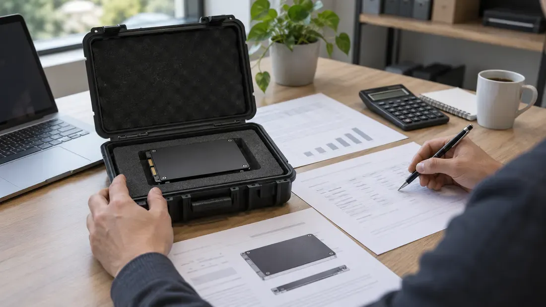 Enclosed storage sample beside project cost papers and a calculator