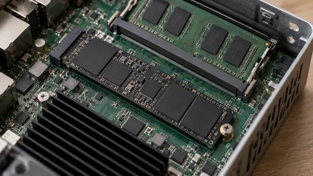 Installed NVMe drive and host memory module inside an embedded computer