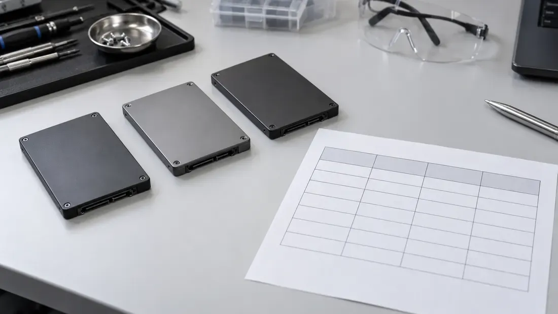 Three enclosed SSDs beside a blank capacity comparison table