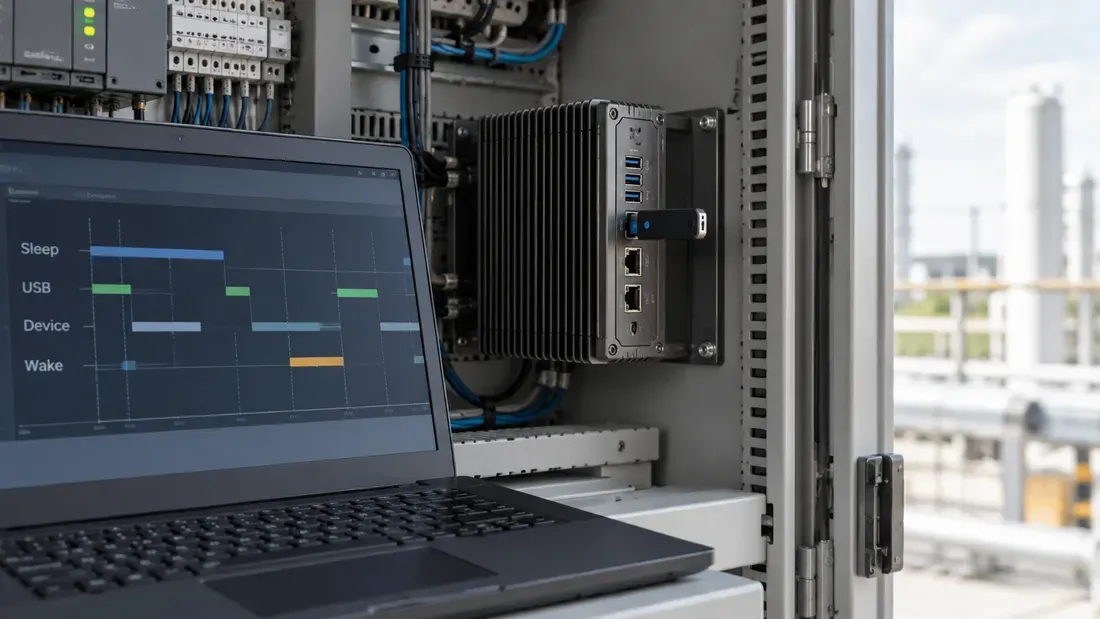Laptop with a conceptual USB sleep timeline beside an industrial computer