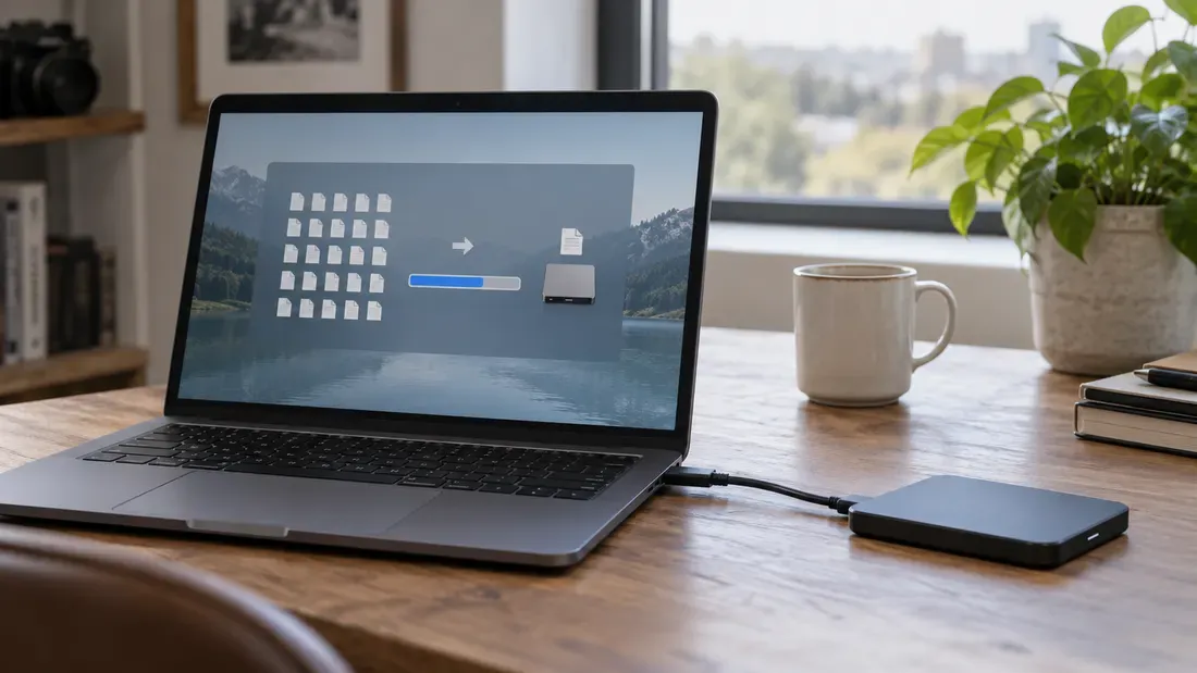 Laptop showing a conceptual small file transfer to an external drive