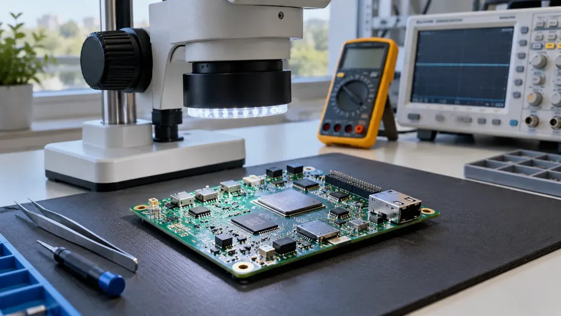 Embedded board under a microscope with disconnected test instruments nearby
