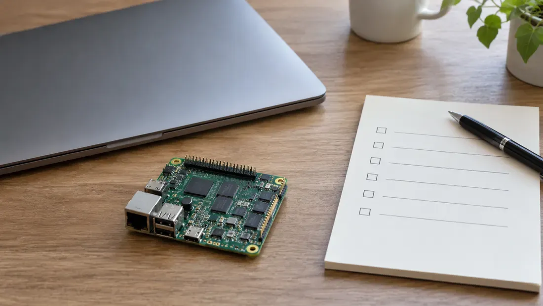 Embedded board, closed laptop and blank CMDQ verification checklist