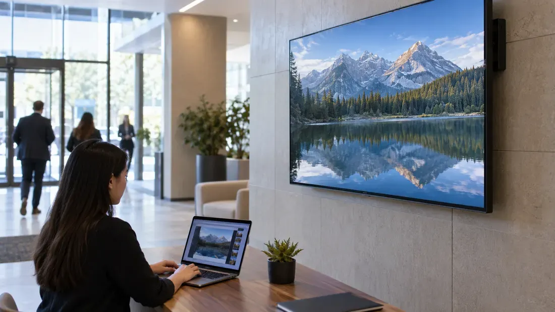 Digital signage display and an operator updating content from a tablet
