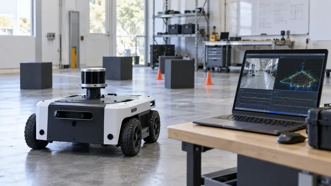 Mobile robot and laptop in a sensor recording test area