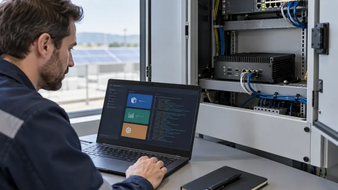 Engineer inspecting an edge Linux computer and its log display