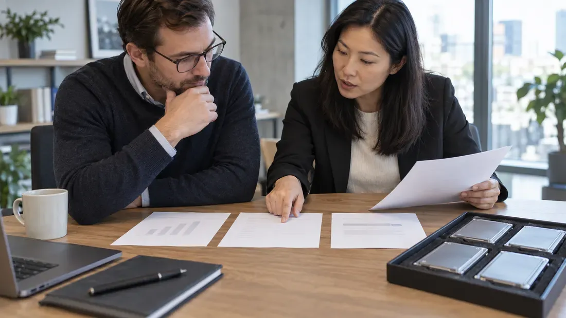 Two buyers reviewing storage procurement papers and enclosed samples