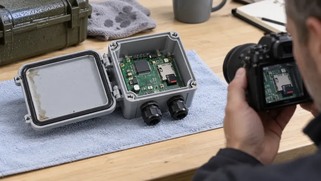 Opened outdoor device enclosure being photographed for inspection