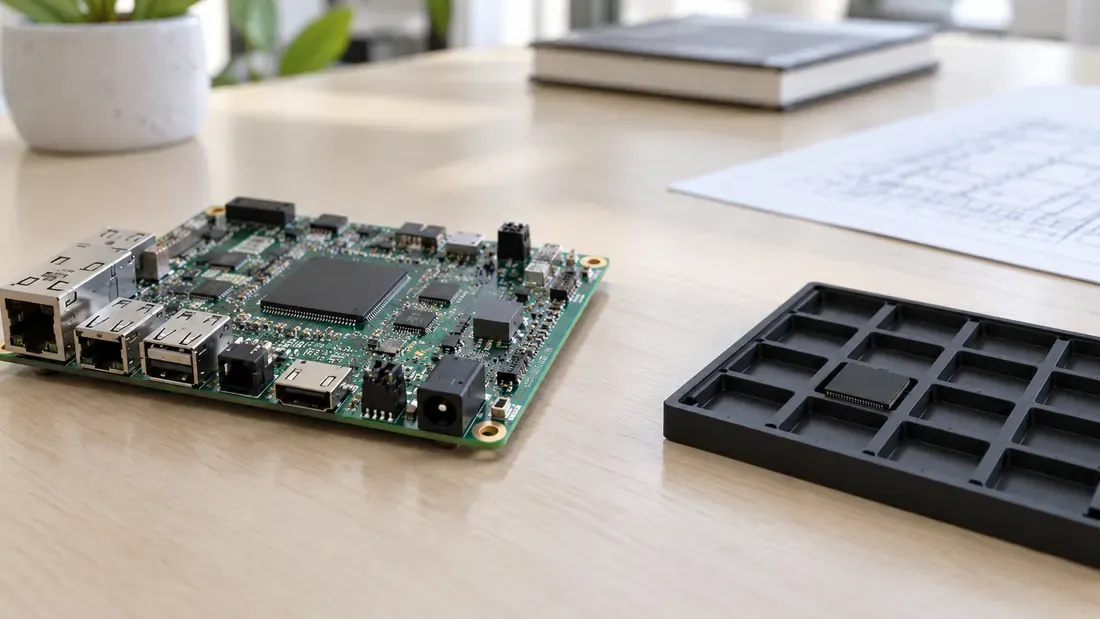 Older embedded board beside a separate tray of newer chips