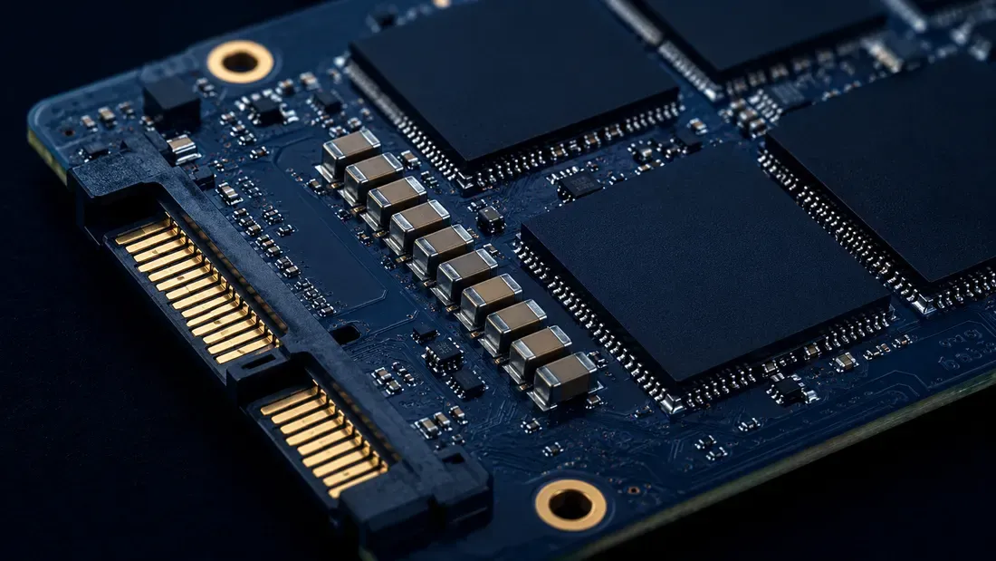 Close-up of capacitors and flash packages on an SSD circuit board