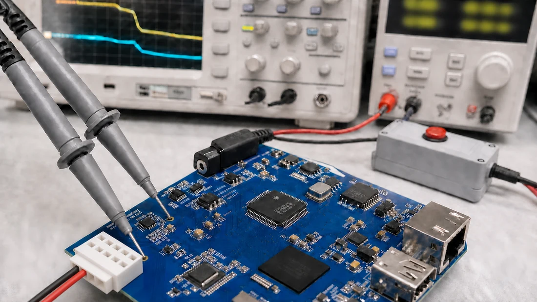 Blue embedded PCB with eMMC package connected to a controlled power-interruption test bench
