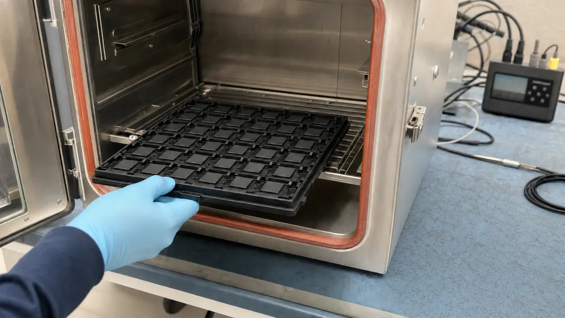 Technician loading a JEDEC tray of flash packages into a benchtop environmental chamber for retention testing