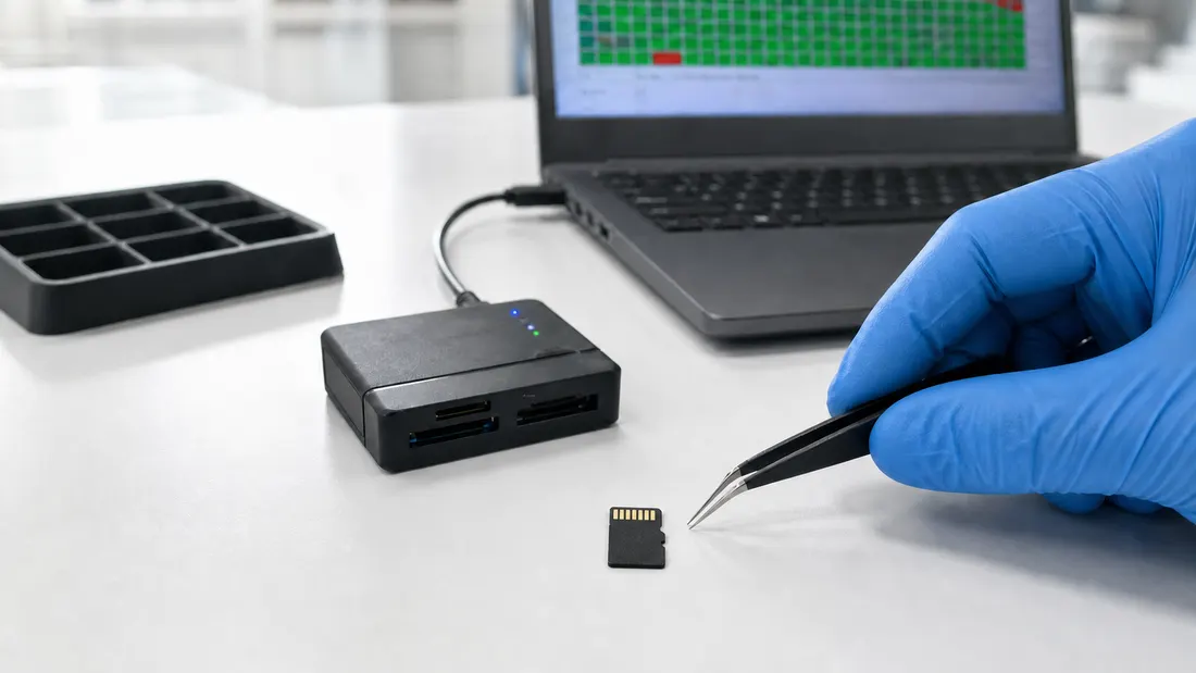 Technician verifying flash-storage samples beside a generic full-address error-scan display