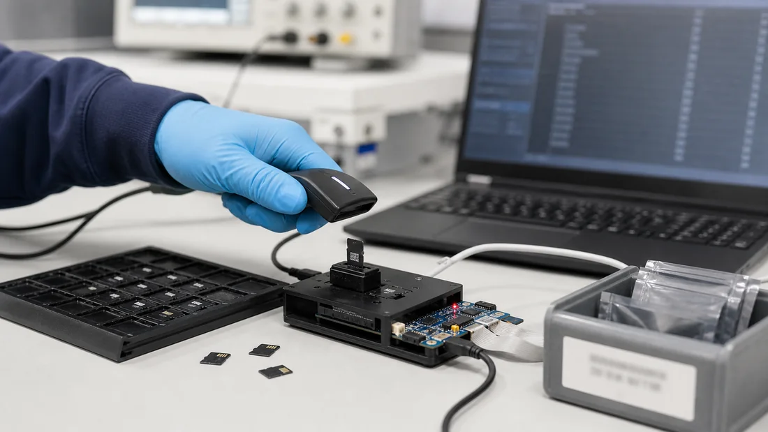 Technician logging unbranded microSD identity data on a lab traceability fixture